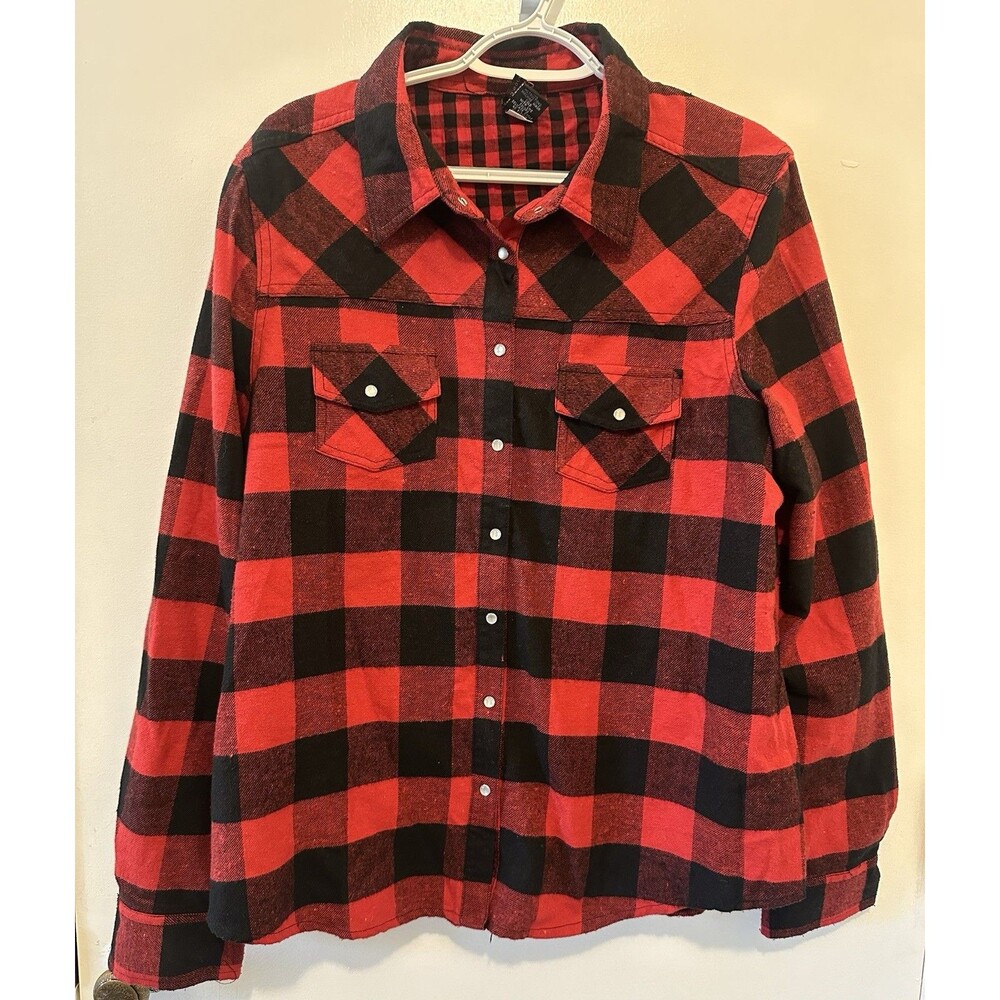 Urban Groove Women’s XL Buffalo Plaid Flannel Shirt Red Black Snap Front Pockets